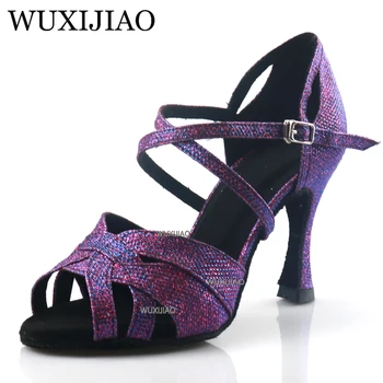 женская танцевальная обувь из фиолетового блестящего материала со звездами, ботинки для латиноамериканской сальсы, танцевальная обувь национального стандарта, женская обувь