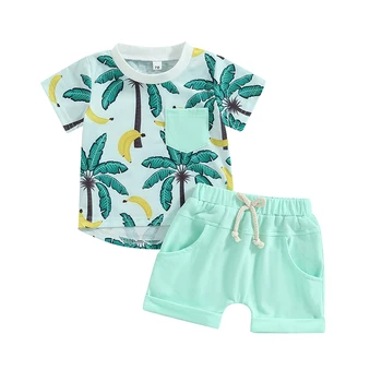 Летняя одежда для маленьких мальчиков, костюмы в пляжном стиле, футболки с круглым вырезом и принтом дерева, шорты с эластичной резинкой на талии, комплект из 2 предметов