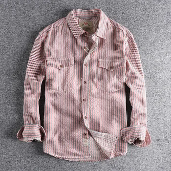 Новая весенняя рубашка в полоску цвета хаки в японском ретро стиле с длинными рукавами, мужская одежда, трендовая свободная молодежная блузка с карманами
