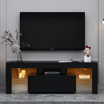 Подставка для телевизора в Развлекательном центре, Телевизионная консоль из МДФ со светодиодной подсветкой, Современный глянцевый телевизионный шкаф для телевизоров до 55 дюймов, черный